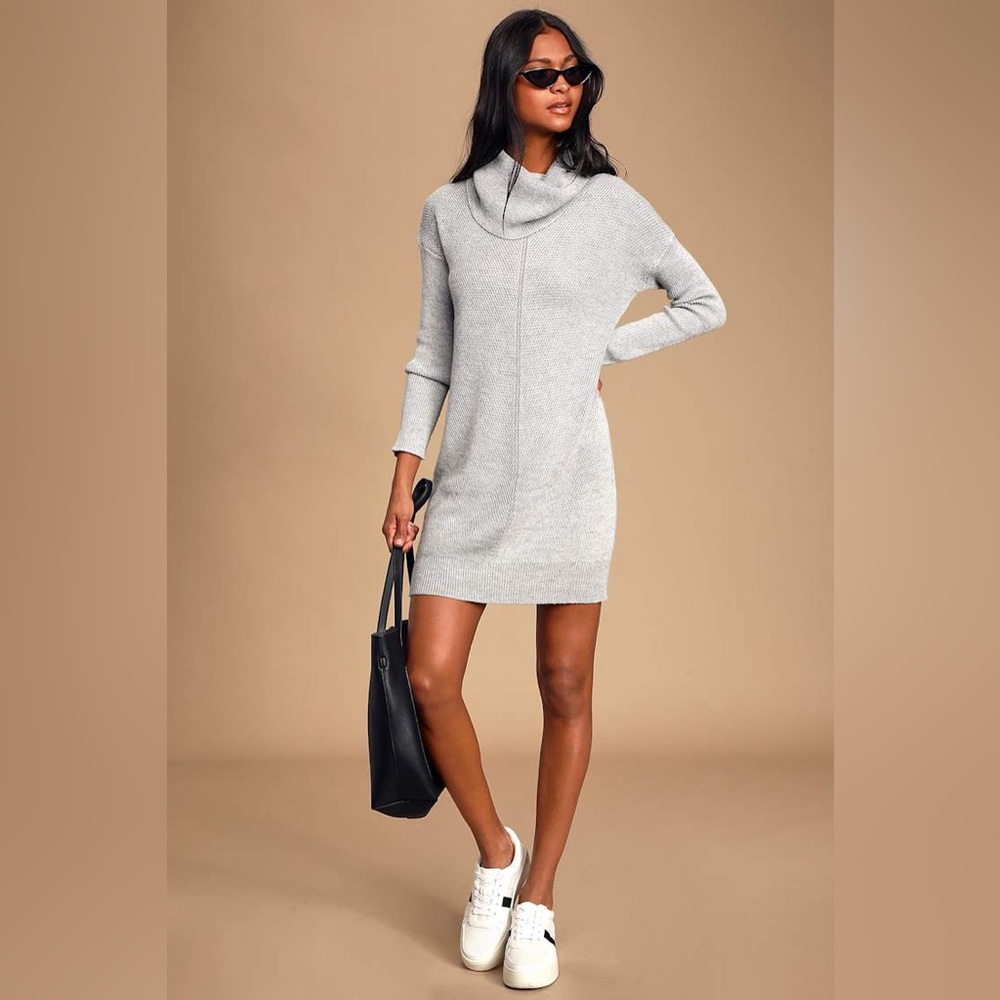 Lulus Tea Reader Light Grey Cowl Neck Sweater Dress